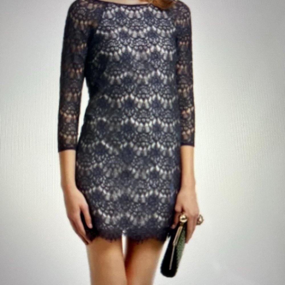 TIBI Women's  Navy Blue Embroidered Overlay Sheath Lace Cocktail Dress Size 0
